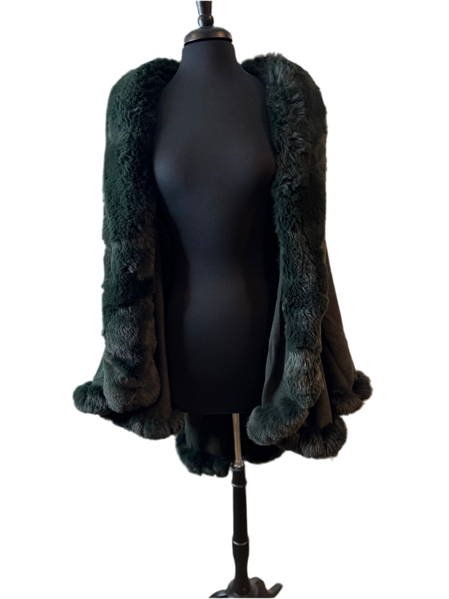 Hunter Green faux fur cape with hook eye closure