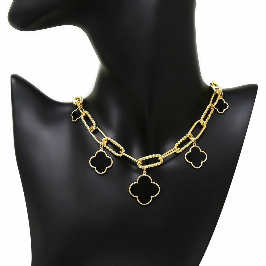 Black Multi Clover Gold Link Necklace