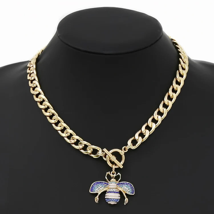 Blue & White Queen Bee Gold Link Toggle Closure Necklace