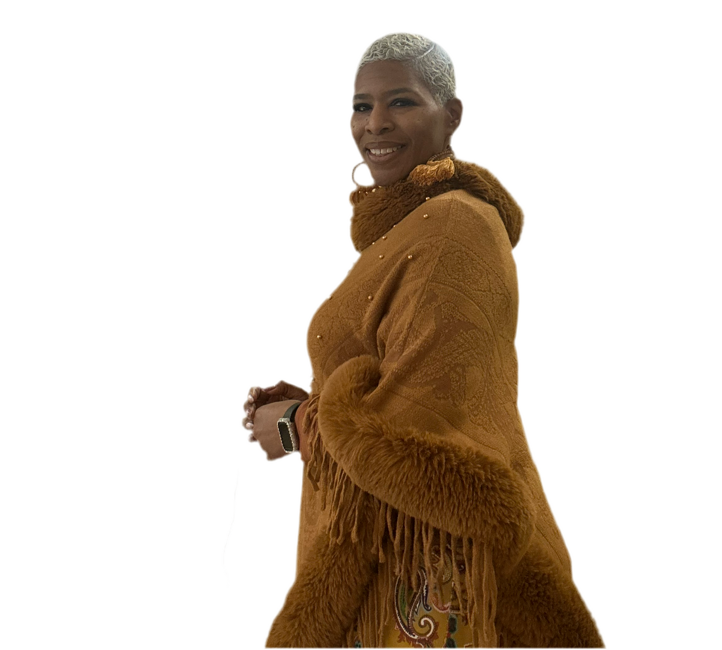 Pearl faux fur trim tassel poncho