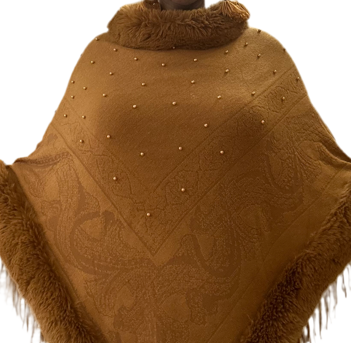 Pearl faux fur trim tassel poncho