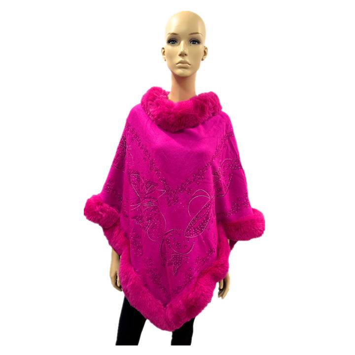Hot Pink with embossed design Fur trimmed poncho