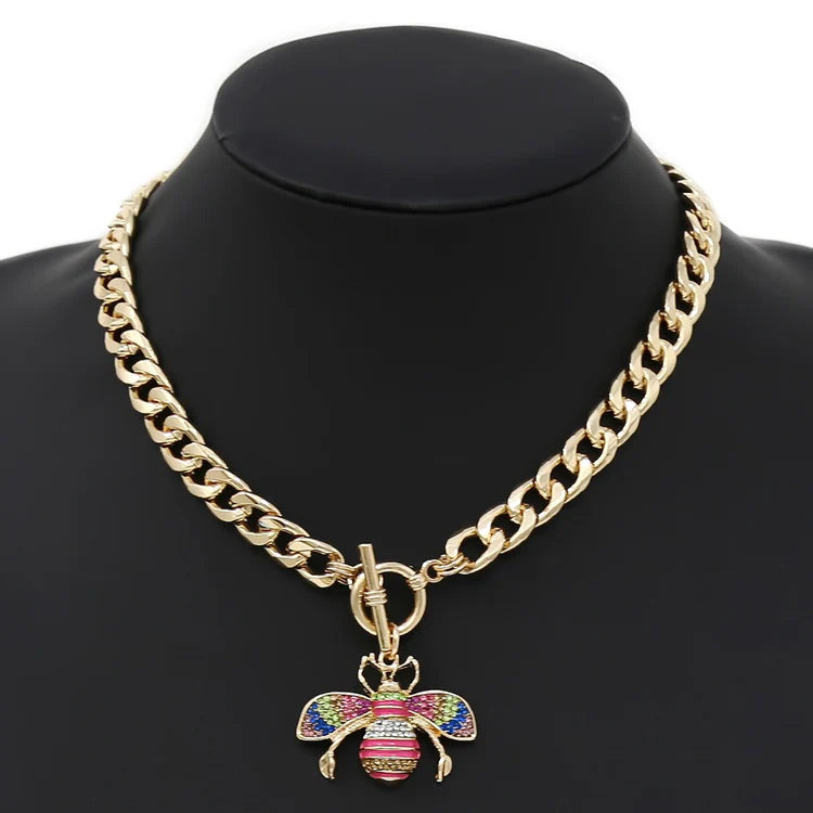 Multi color Queen Bee Gold Link Toggle Closure Necklace