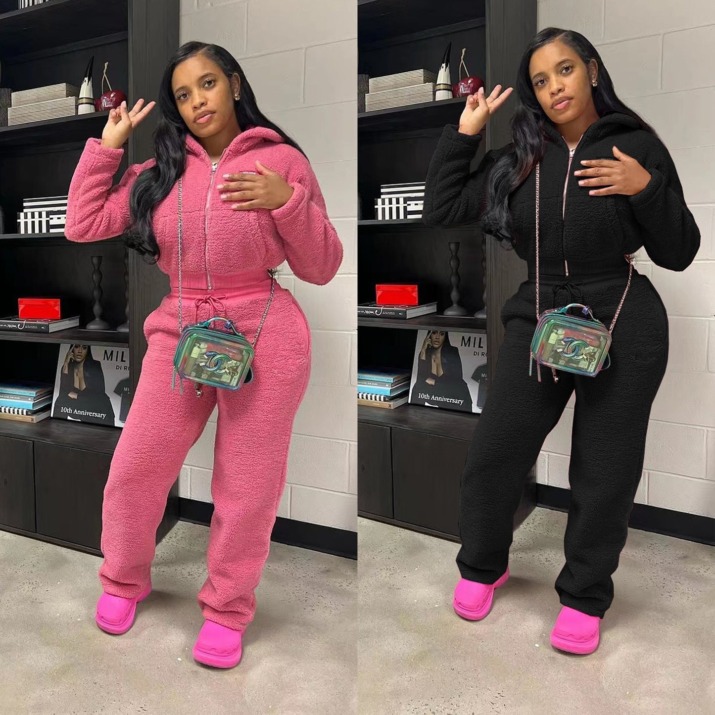 Casual Daily Women's Streetwear Solid Color Polyester Pocket Sweatshirt Sets Pants Sets