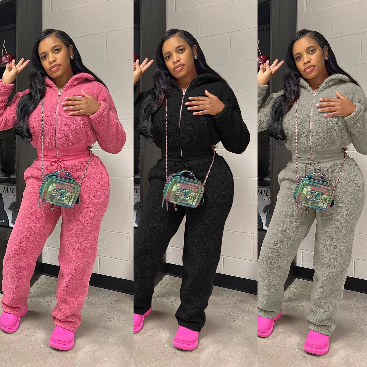 Casual Daily Women's Streetwear Solid Color Polyester Pocket Sweatshirt Sets Pants Sets