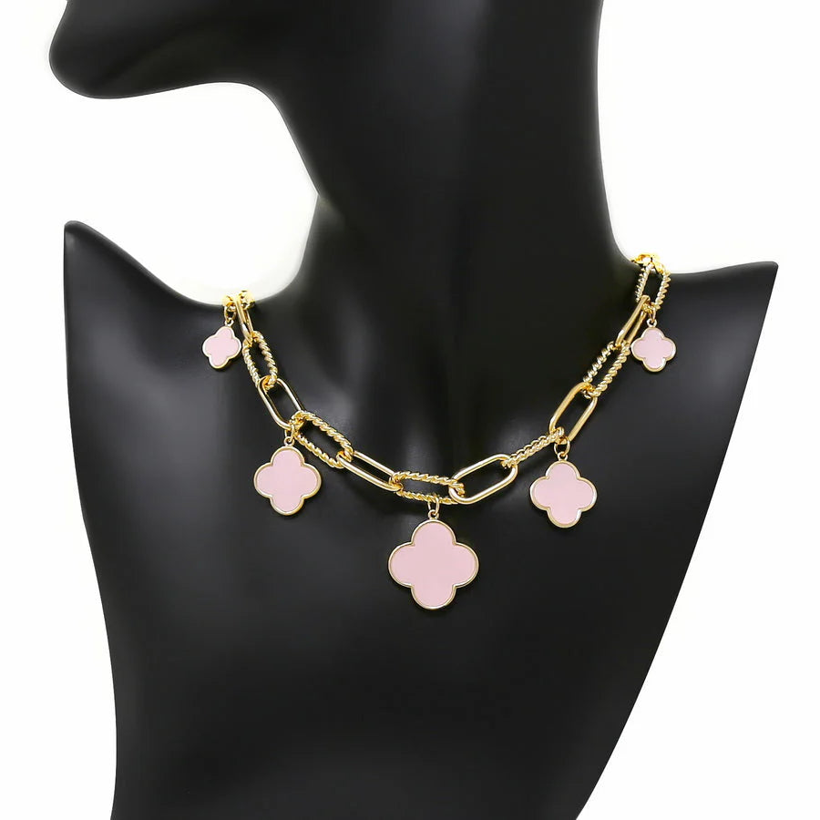 Pink Multi Clover Gold Link Necklace