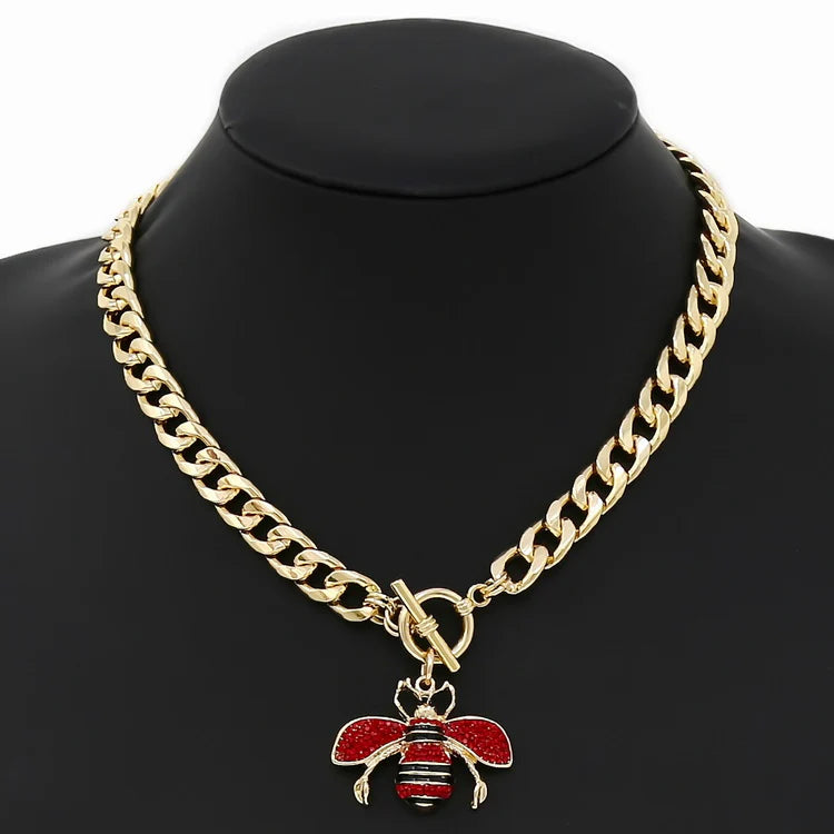 Red & Black Queen Bee Gold Link Toggle Closure Necklace