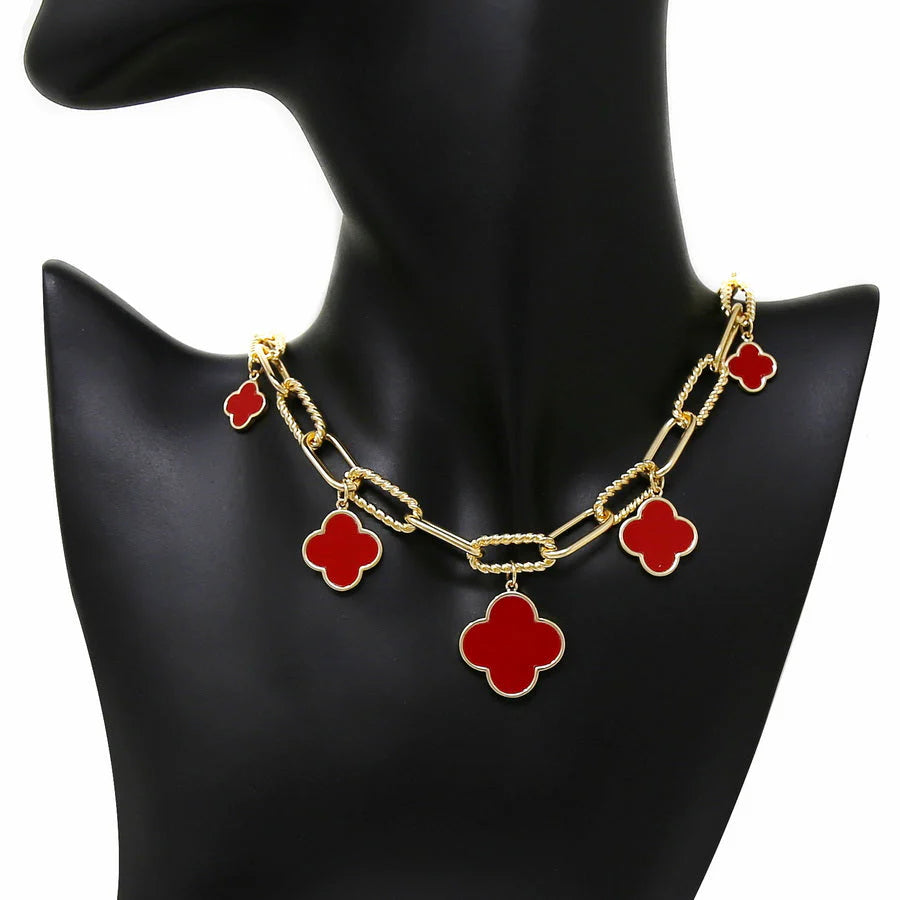 Red Multi Clover Gold Link Necklace