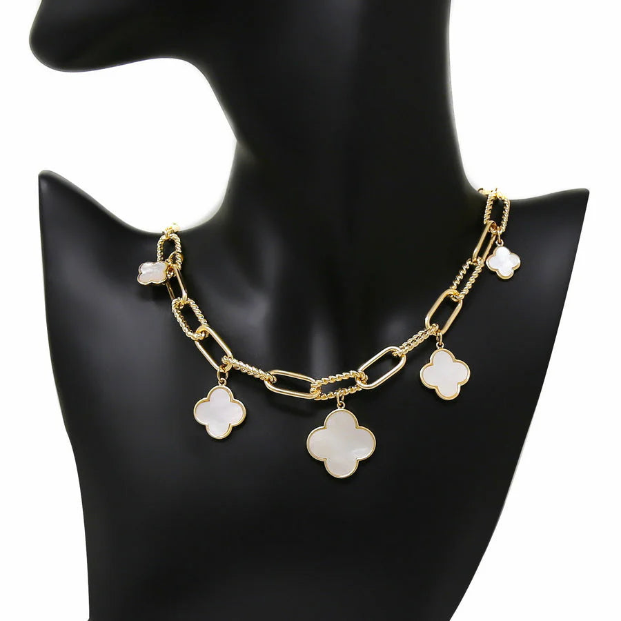 White Multi Clover Gold Link Necklace