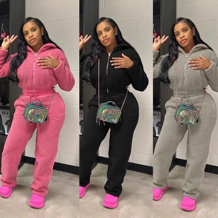 Casual Daily Women's Streetwear Solid Color Polyester Pocket Sweatshirt Sets Pants Sets