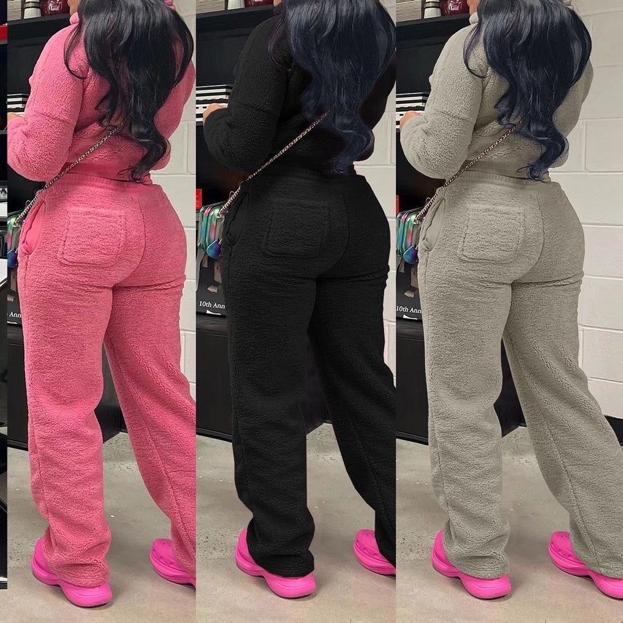 Casual Daily Women's Streetwear Solid Color Polyester Pocket Sweatshirt Sets Pants Sets