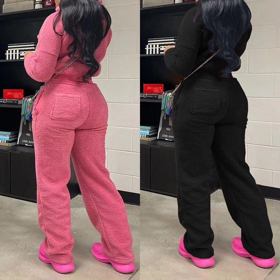 Casual Daily Women's Streetwear Solid Color Polyester Pocket Sweatshirt Sets Pants Sets
