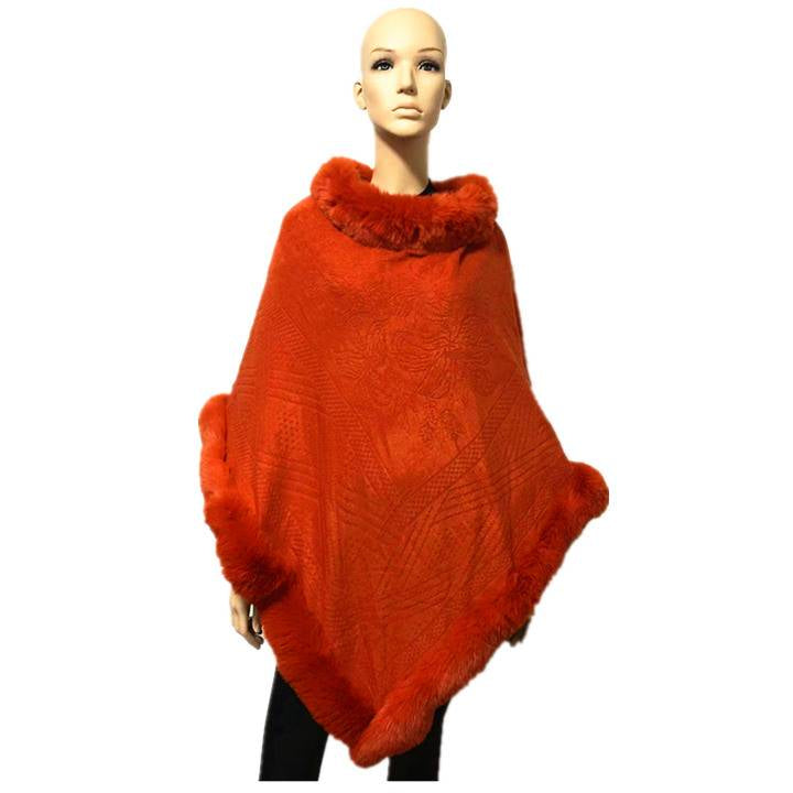 Orange embossed Faux Fur trimmed poncho