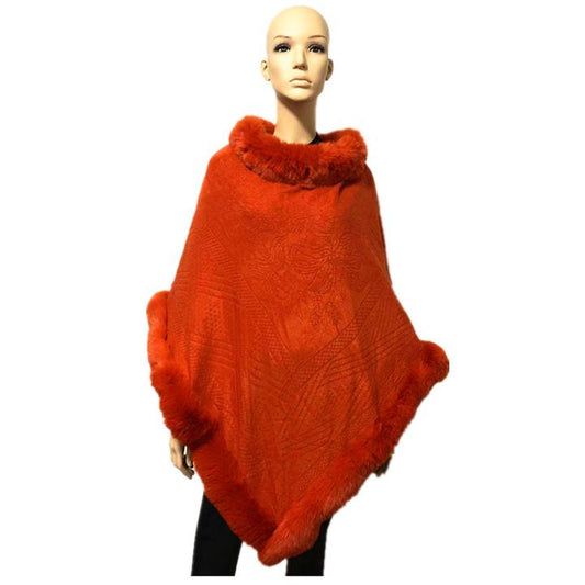 Orange embossed Faux Fur trimmed poncho