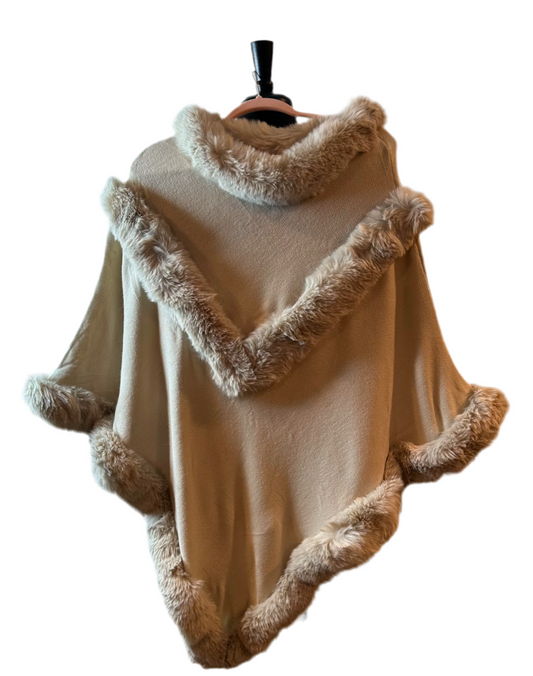Beige Double Faux Fur trimmed poncho