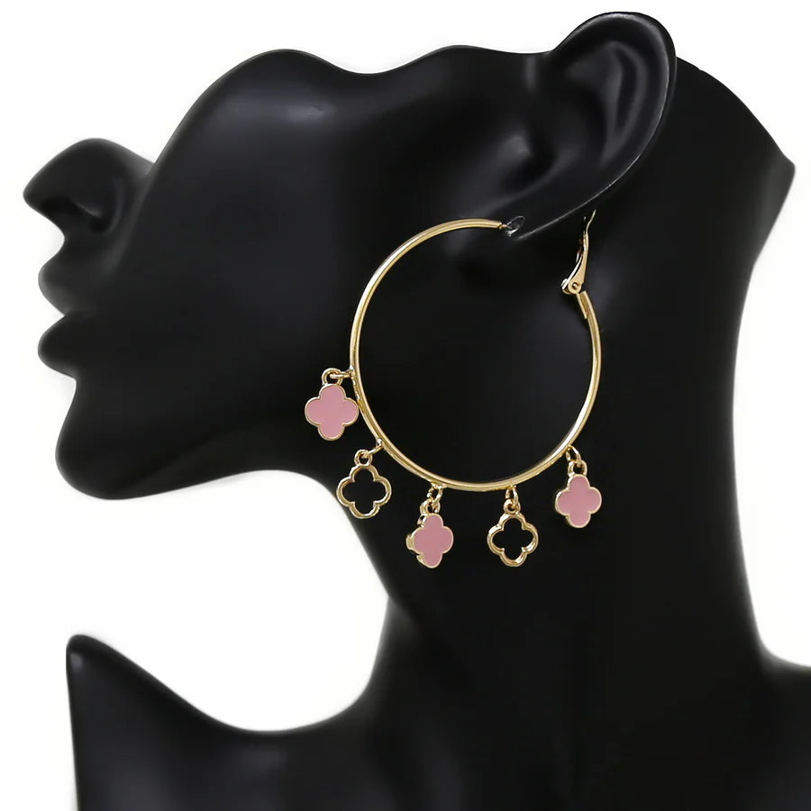 Pink Clover Gold Hoop Earring