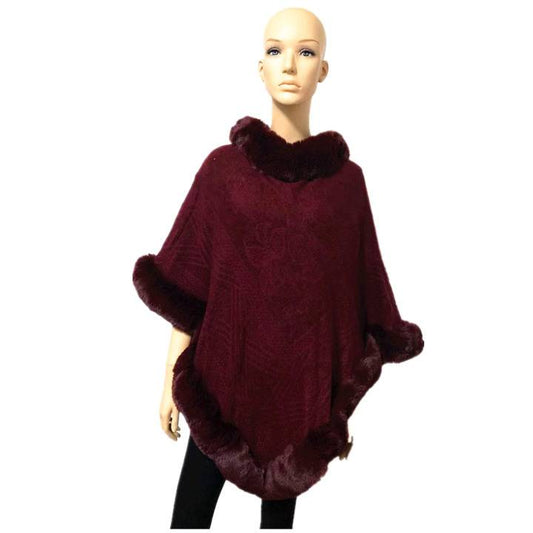 Burgundy with embossed design Fur trimmed poncho