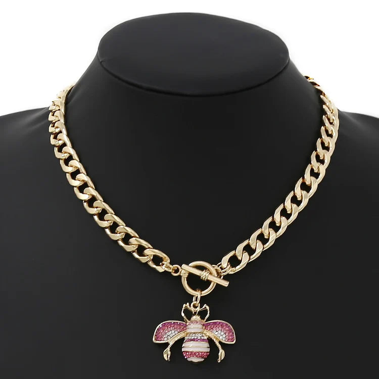 Pink & White Queen Bee Gold Link Toggle Closure Necklace